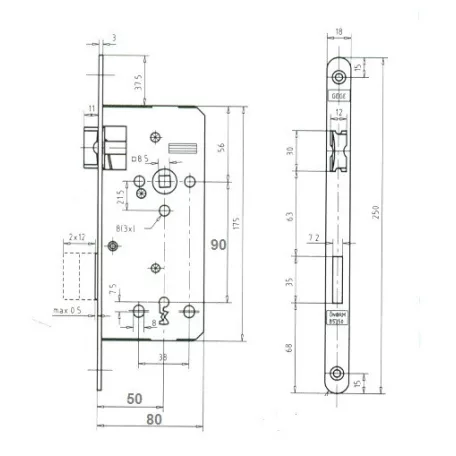 DORMA-KABA Bevéső Zár 8Cm/90 mm 1Fogaz.Kul. 121/Kb/R/50/90/8