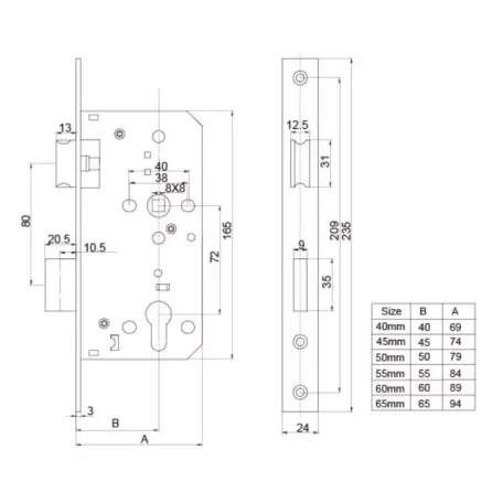 ANBO Bevésőzár Cilinderes 65/72 mm R.M. Univ. Anbo 72E 24 mm Előlap Tűzálló