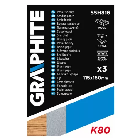 GRAPHITE Csiszolópapír 115*160 mm K80 3 db