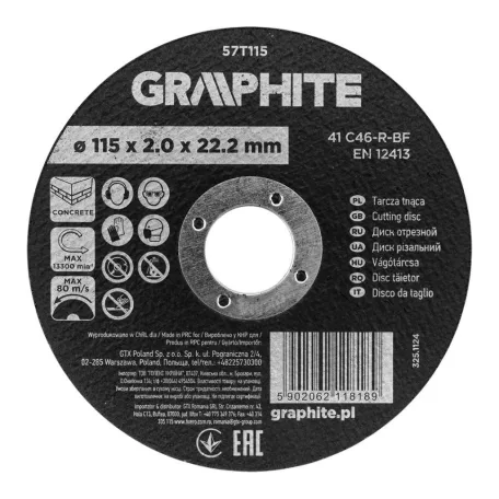 GRAPHITE Vágókorong Korund Betonhoz 115*2,0*22,2M 
