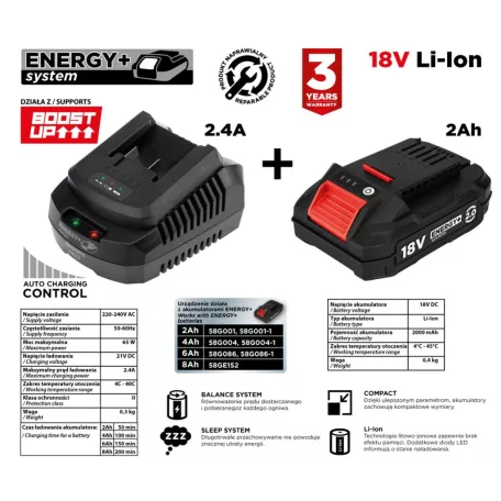 GRAPHITE Akkumulátor 2Ah + Töltő Szett Energy + 