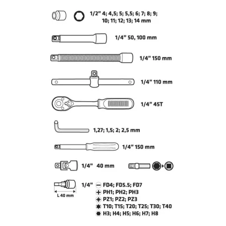 TOPEX Dugókulcs Készlet 46R. 1/4" Racsnikulcs