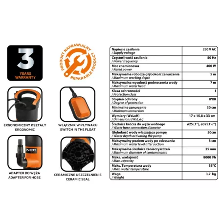 NEO TOOLS Szennyvíz Szivattyú 400W 8000L/H