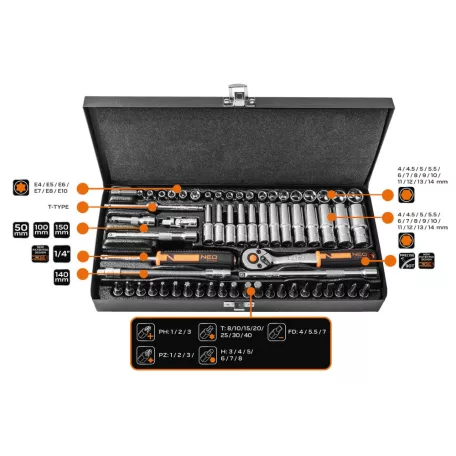 Neo Tools Dugókulcs Készlet 1/4" 63R. 4-14mm-Ig