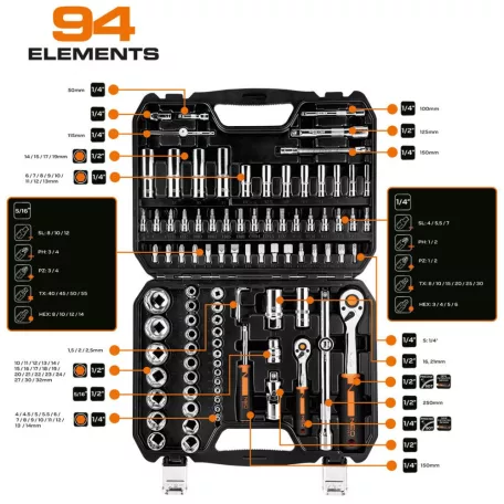 Neo Tools Dugókulcs Készlet 1/2" - 1/4" 94R.