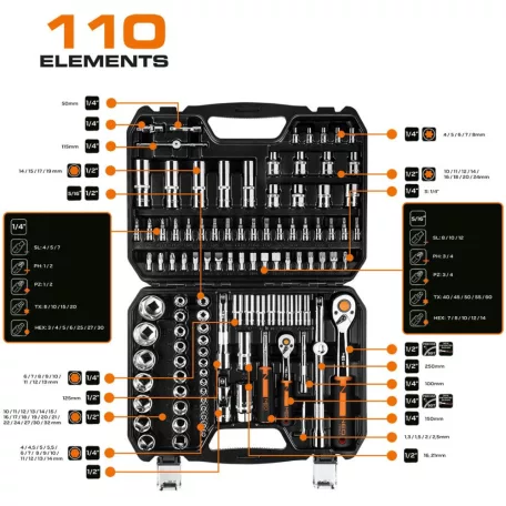 Neo Tools Dugókulcs Készlet 1/4-1/2" 110R. 4-32 mm
