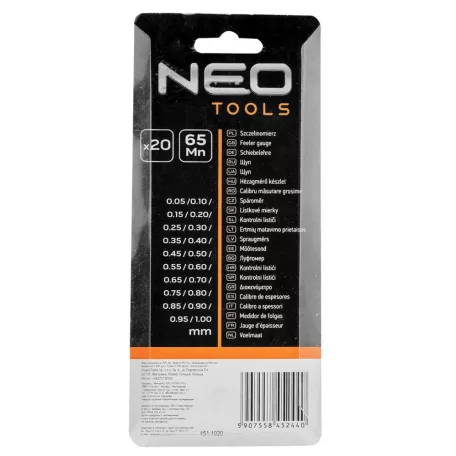 NEO TOOLS Hézagmérő Klt. 20R. 0,05-1,0mm 65Mn R.M.