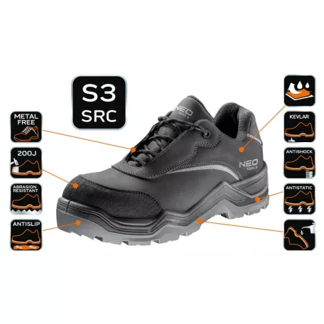 NEO TOOLS Munkacipő S3 Fekete Nubuk Fémmen.Ce M:47