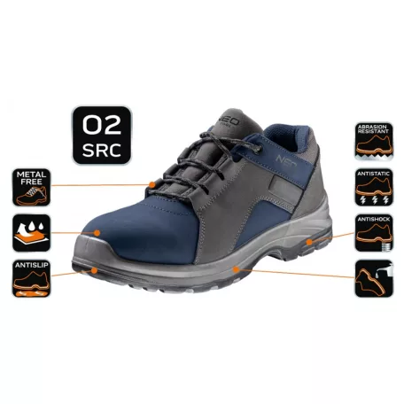 NEO TOOLS Munkacipő O2 Szürke-Kék Nubuk Fémme.M:45