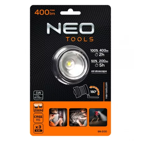 NEO TOOLS Fejlámpa 400Lum Zoom Led 3Aaa
